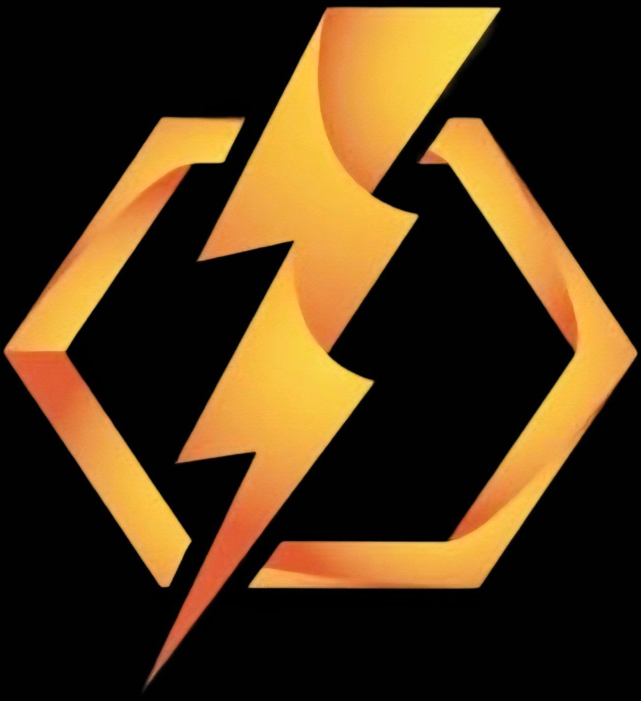A stylized, golden-orange lightning bolt centered inside a hexagonal frame against a black background.