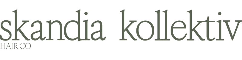 Logo for skandia kollektiv hair co, featuring text in a greyish color on a white background.