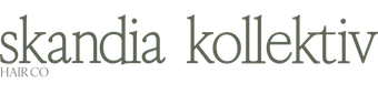 Logo for skandia kollektiv hair co, featuring text in a greyish color on a white background.