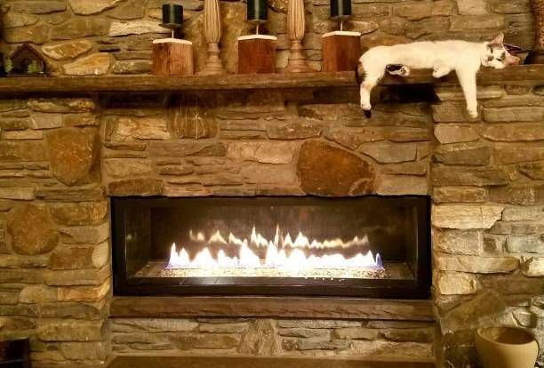 A cat is laying on a mantle next to a fireplace.
