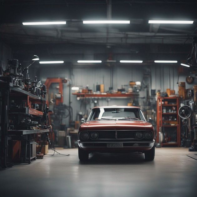 Red car in repair shop