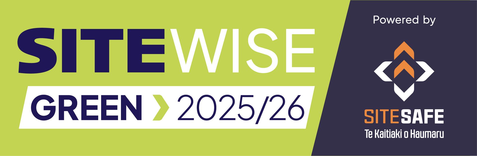 SiteWise Green 2025/26 logo with arrow, Powered by SiteSafe logo in green and navy.