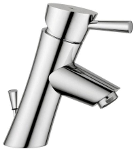 Shiny chrome faucet with a long spout and lever handle.