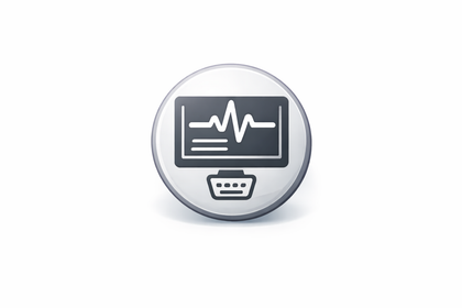 A circular grey icon depicting a computer monitor displaying a heart rate EKG line graph.