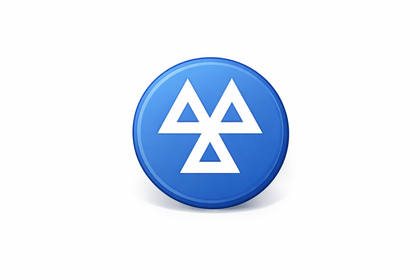 A blue circular button with a white icon consisting of three connected triangles, representing the official MOT logo.