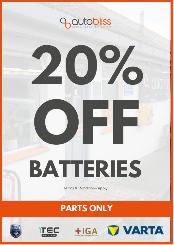 An advertisement for Autobliss 20% off battery's, when supplied and fitted at autobliss. parts only