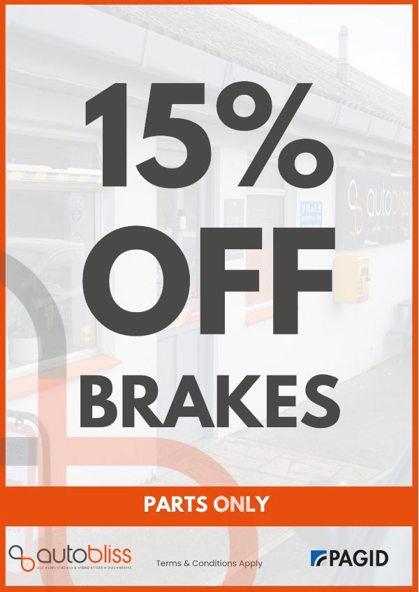 Promotional flyer for AutoBliss offering a 15% of brakes parts only