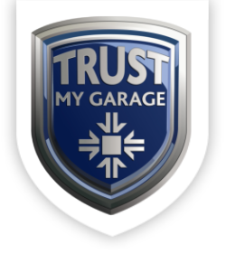 Trust my Garage Logo, featuring a blue shield with sliver  brand name in text.