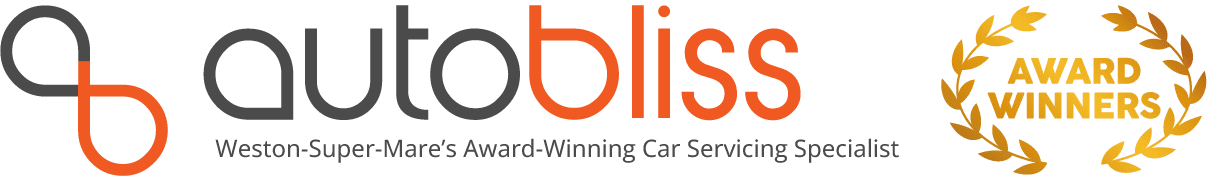 Logo for Auto Bliss, featuring the company name in grey and orange, with an award-winning gold wreath badge.