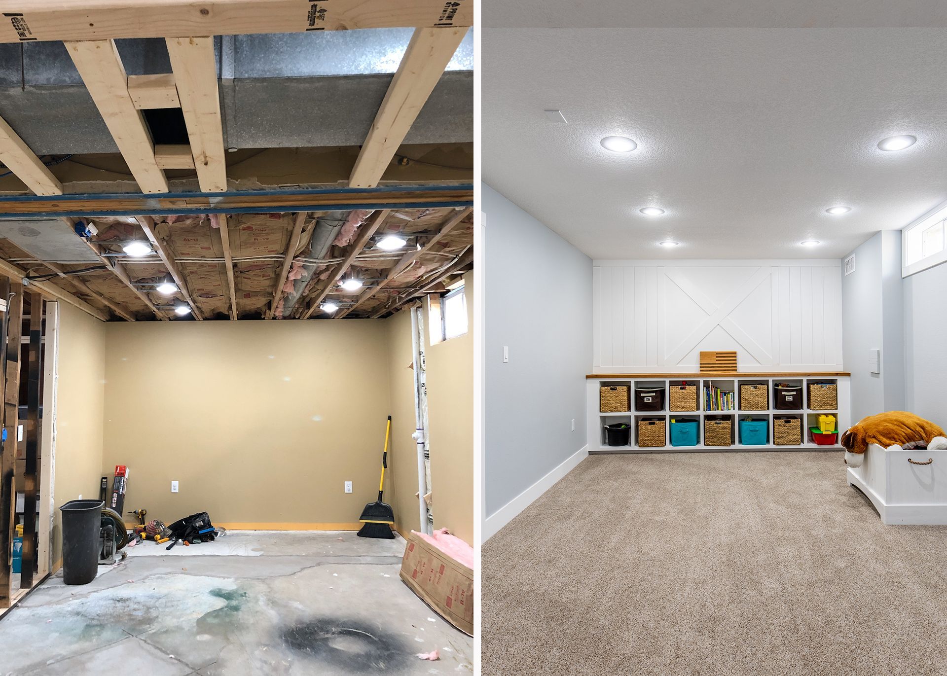 A before and after photo of a basement being finished.