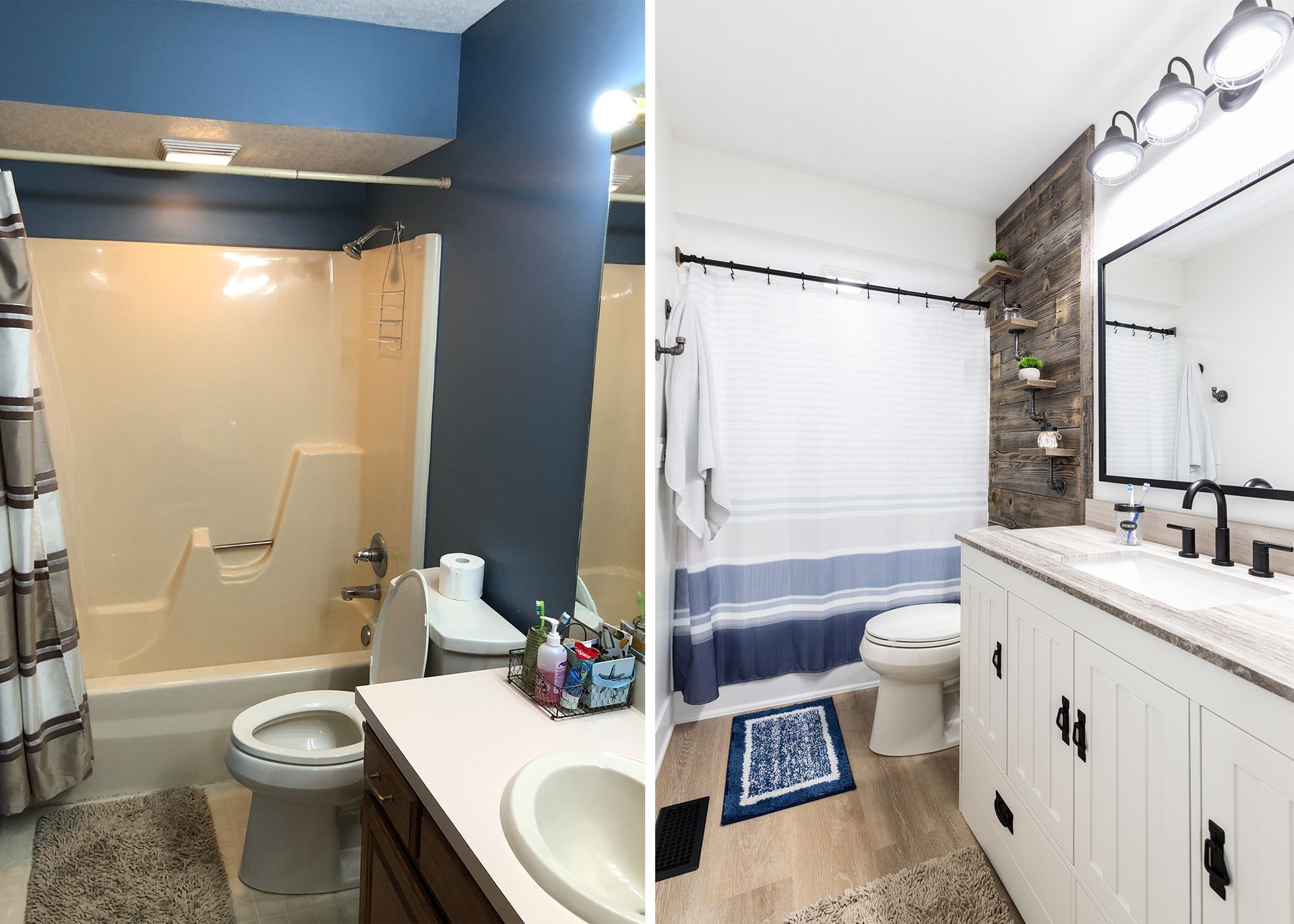 A before and after photo of a bathroom with a toilet , sink and shower.