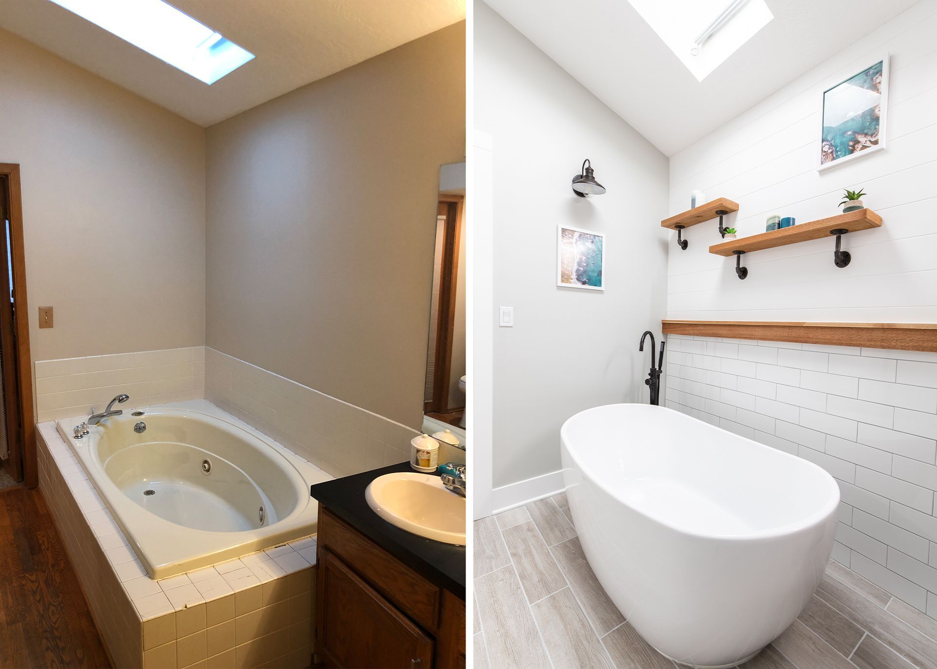 A before and after photo of a bathroom with a bathtub and a skylight.