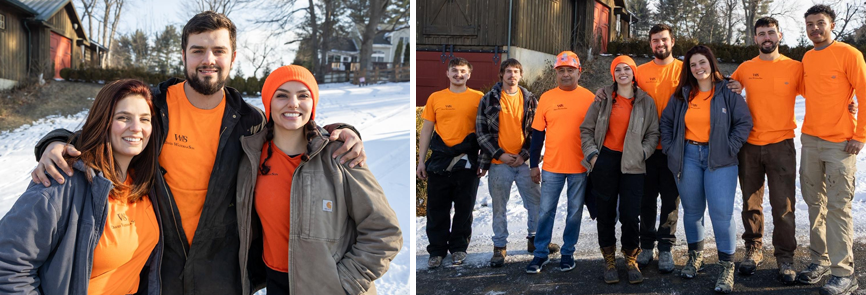 A group of people wearing orange shirts are posing for a picture in the snow.