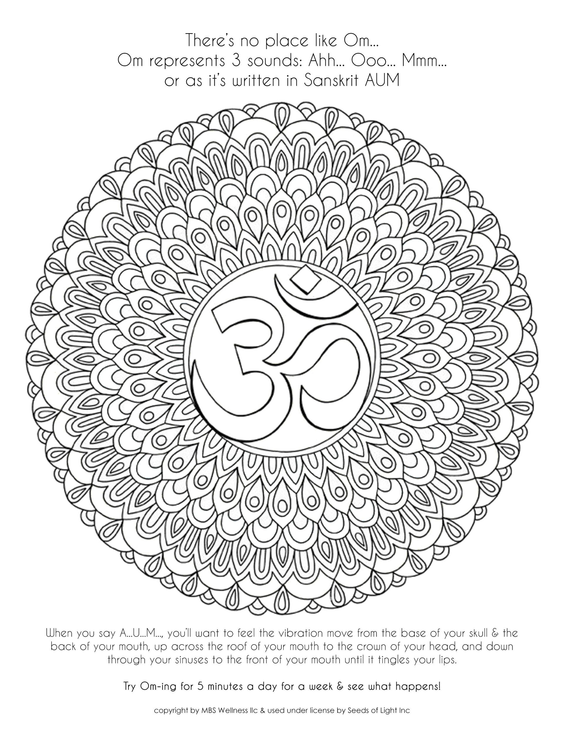 downloadable coloring page with Sanskrit Om symbol in the center of a mandala