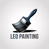 Paintbrush logo for "Leo Painting," with blue handle and dark bristles.