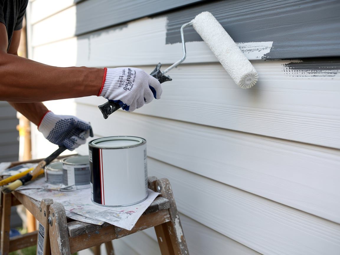 Person painting siding with a paint roller, using a step ladder; a paint can sits on the ladder.