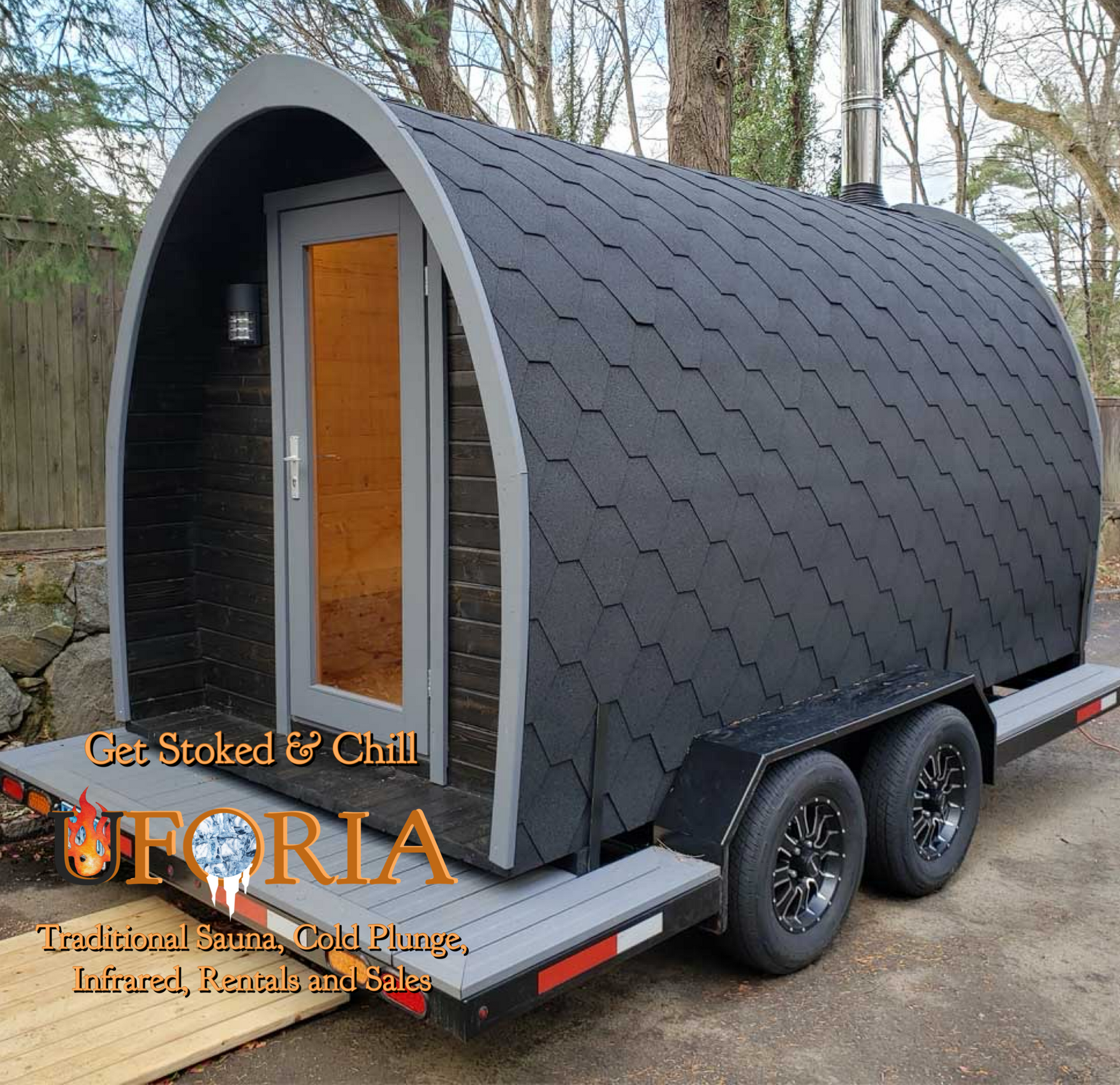 black sauna on a trailer, sauna business