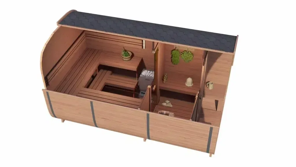 An aerial view of a wooden sauna on a white background.