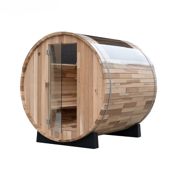 A wooden barrel sauna with a skylight roof and a clear glass door.