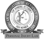 American Association of Attorney Advocates badge. Top-ranking attorney, 2020 member. Depiction of Lady Justice. Personal Injury Law.