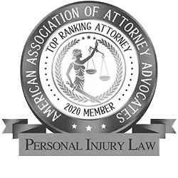American Association of Attorney Advocates badge. Top-ranking attorney, 2020 member. Depiction of Lady Justice. Personal Injury Law.