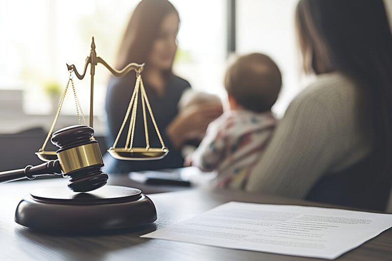 Gavel and scales of justice on a table. Two women and a baby are out of focus in the background.