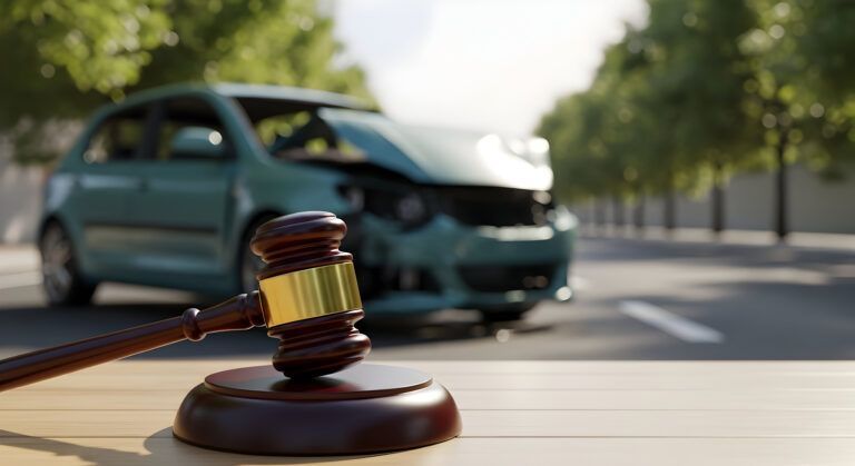 Gavel on a wooden table with a damaged green car in the background on a street, implying a legal case.