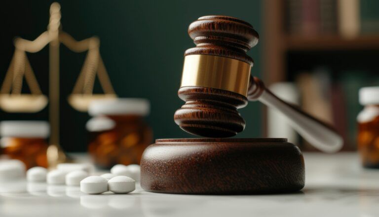 Gavel on sound block with scales of justice, pills, and medicine bottles, suggesting a legal or medical context.