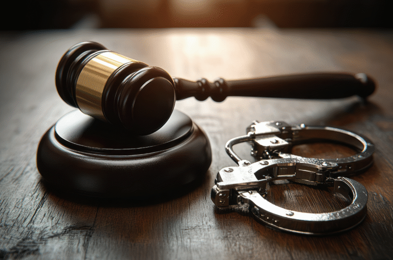 Gavel and handcuffs on wooden surface, symbolizing law, justice, and criminal proceedings.