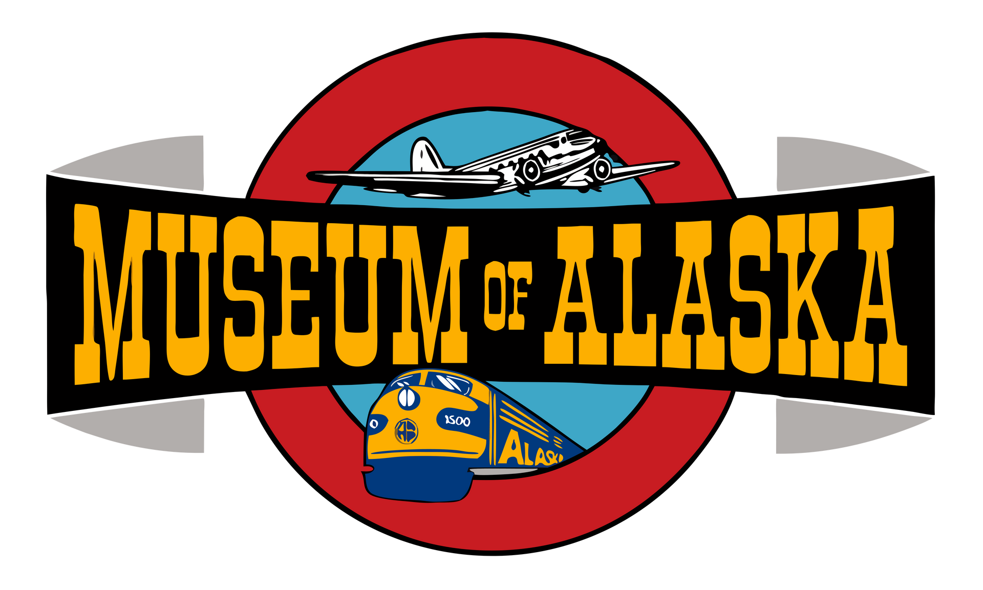 Logo for Museum of Alaska: a plane and train within a red circle, with 