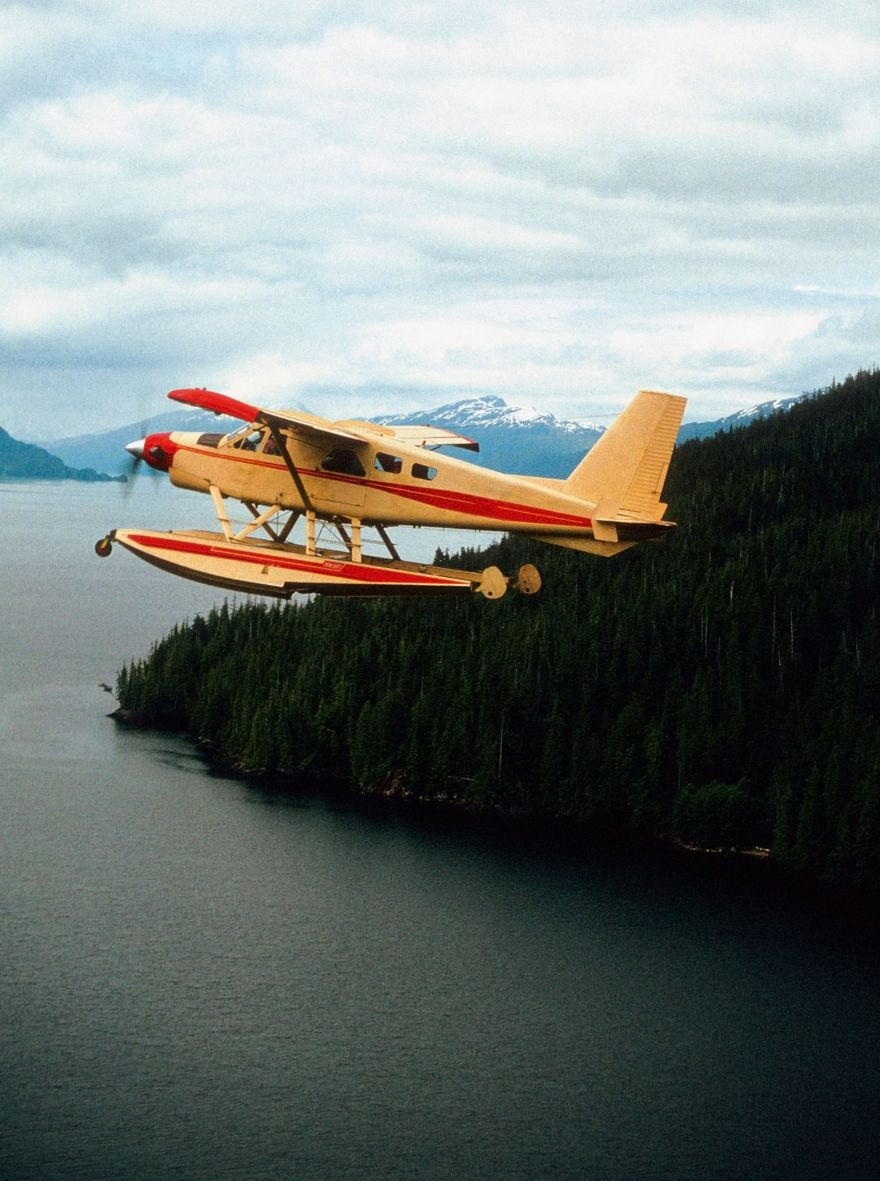 A yellow seaplane flies above dark water and a forested shoreline, with mountains in the background under a cloudy sky.