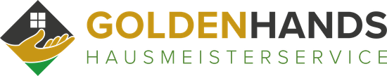 Ein Logo für Golden Hands Hausmeisterservice mit einem Haus im Hintergrund