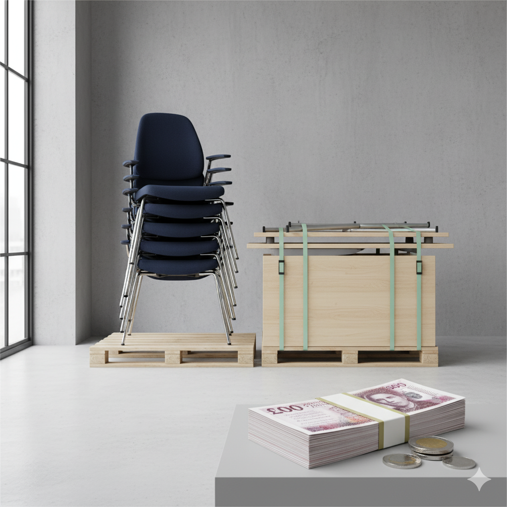 Chairs stacked on a pallet, wooden crate with wood, money and coins on a table.