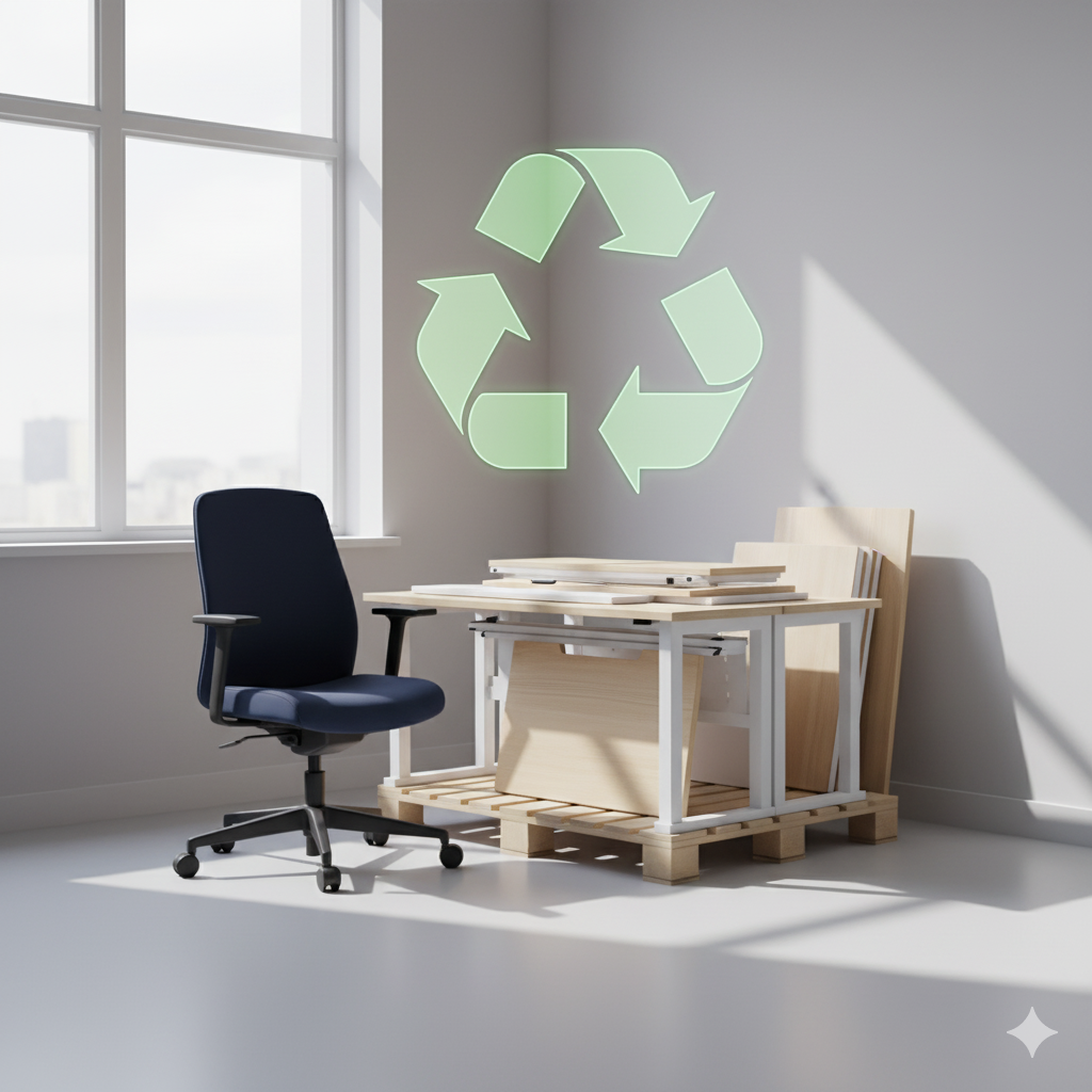 Office chair, desk, and wood scraps next to window with recycling symbol.