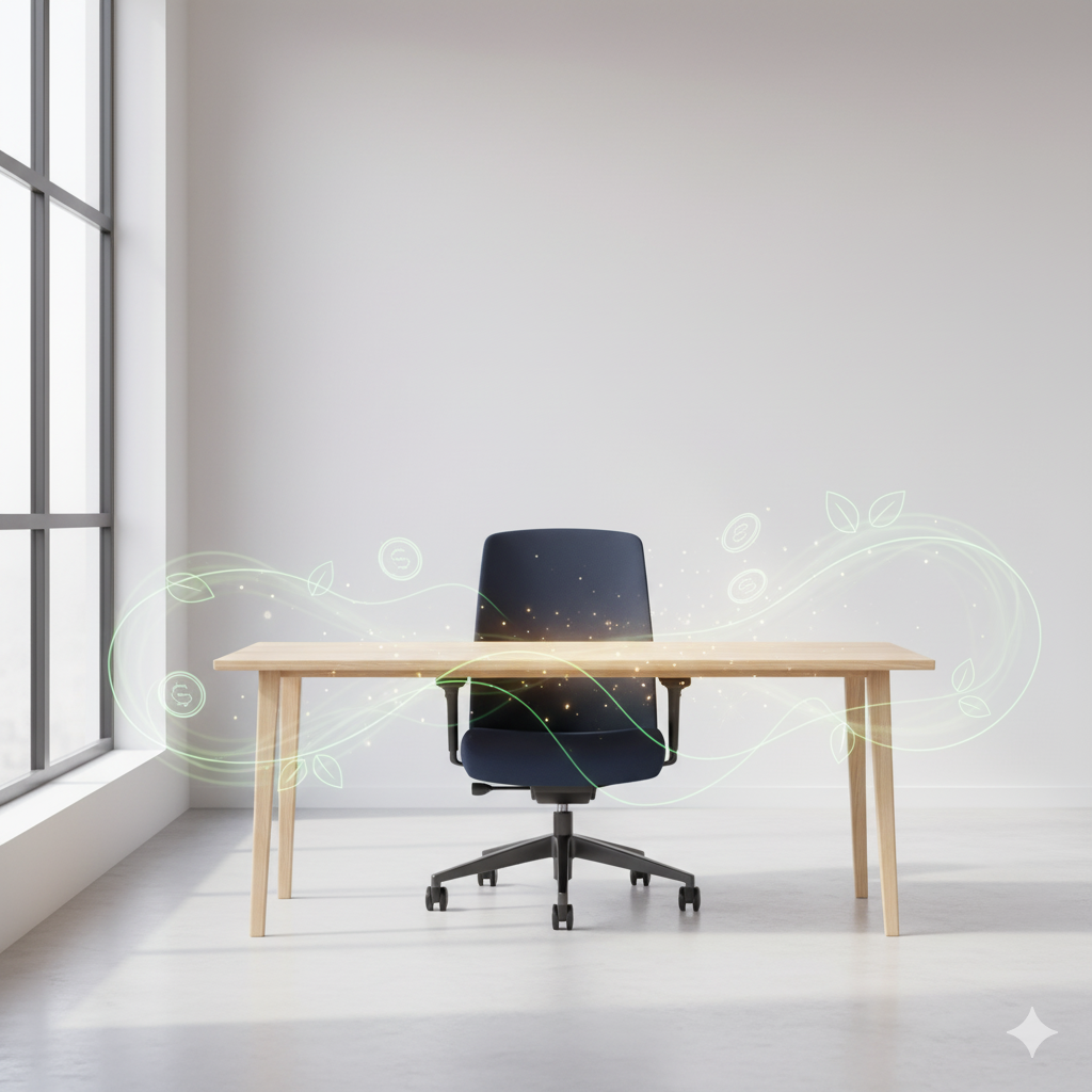 Office desk with chair, large window, and abstract green lines, in a bright, white-walled room.