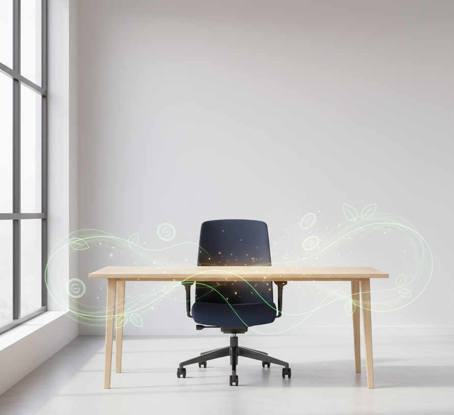Office desk with a rolling chair, in front of a window and against a white wall, with an artistic green overlay.