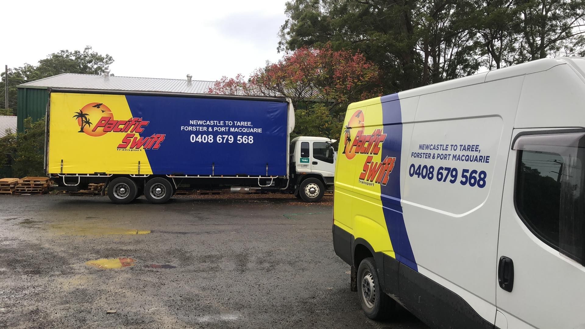 Big Blue Truck and White Yellow And Blue Van — Professional Transport in Newcastle, NSW
