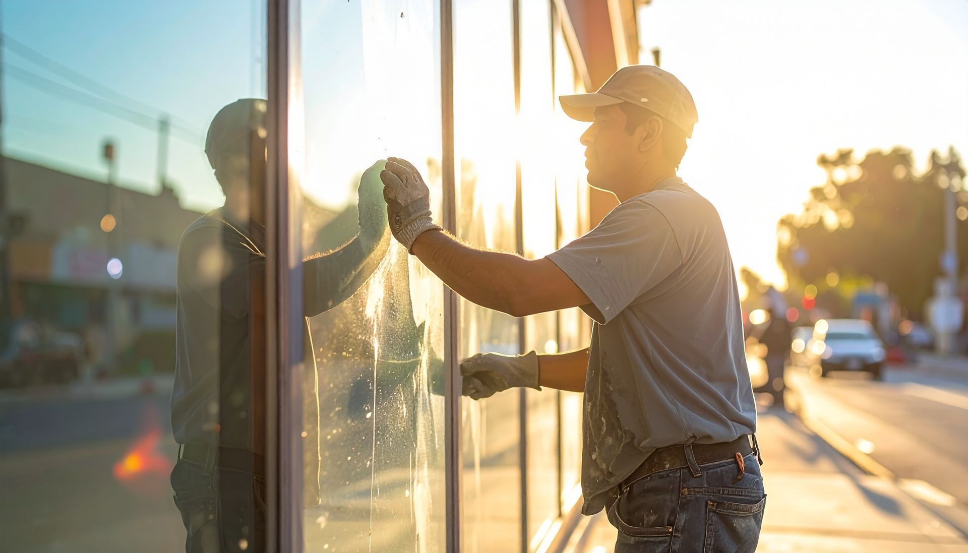 Expert glazier finishing a precise storefront window installation during sunset.