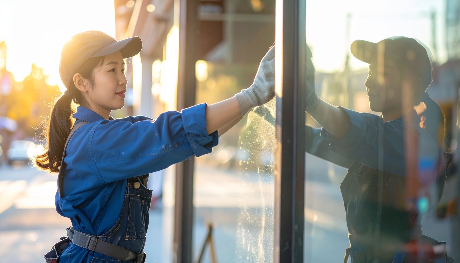 A professional glazier performing a high-quality storefront window installation at a retail shop.