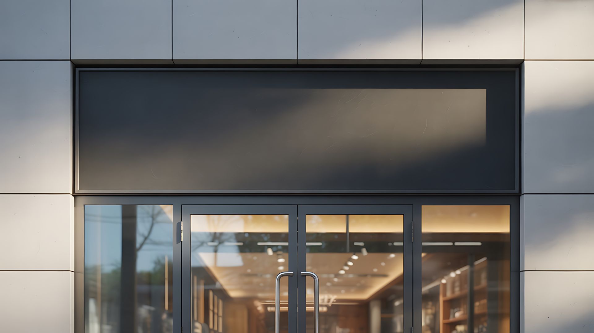 A modern retail entrance featuring expert installation by a storefront glass company.