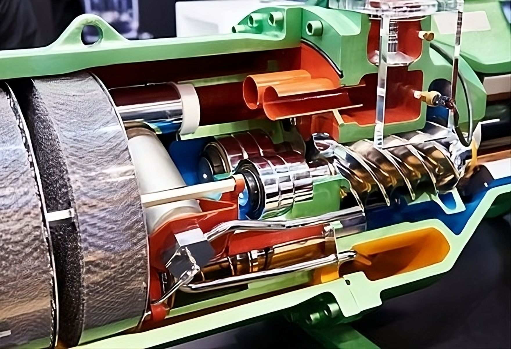 A model of a machine that is cut in half.