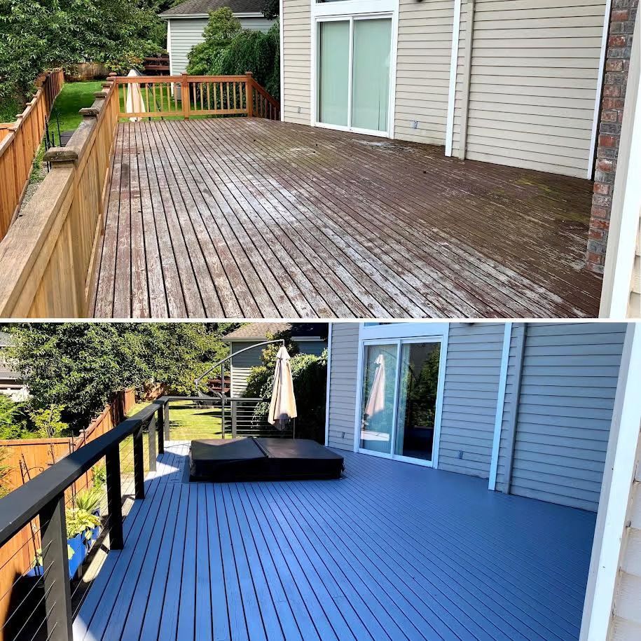 A before and after picture of a wooden deck being painted blue.