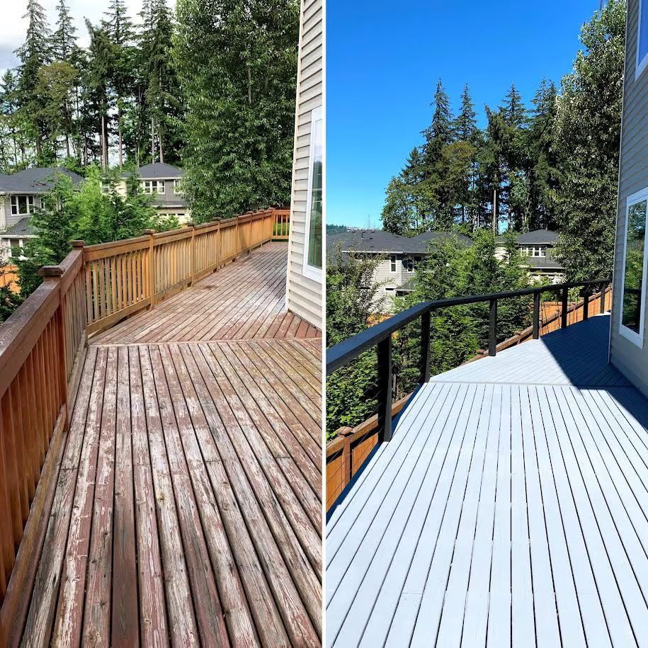 A before and after picture of a wooden deck being painted white.