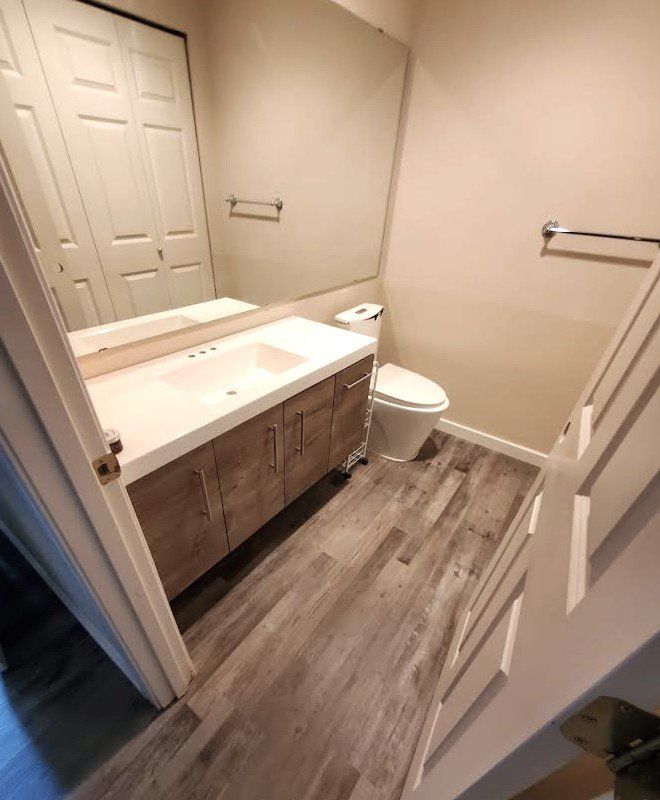 A bathroom with a sink , toilet and mirror.