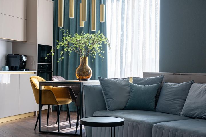 modern studio apartment interior with sofa and kitchen zone