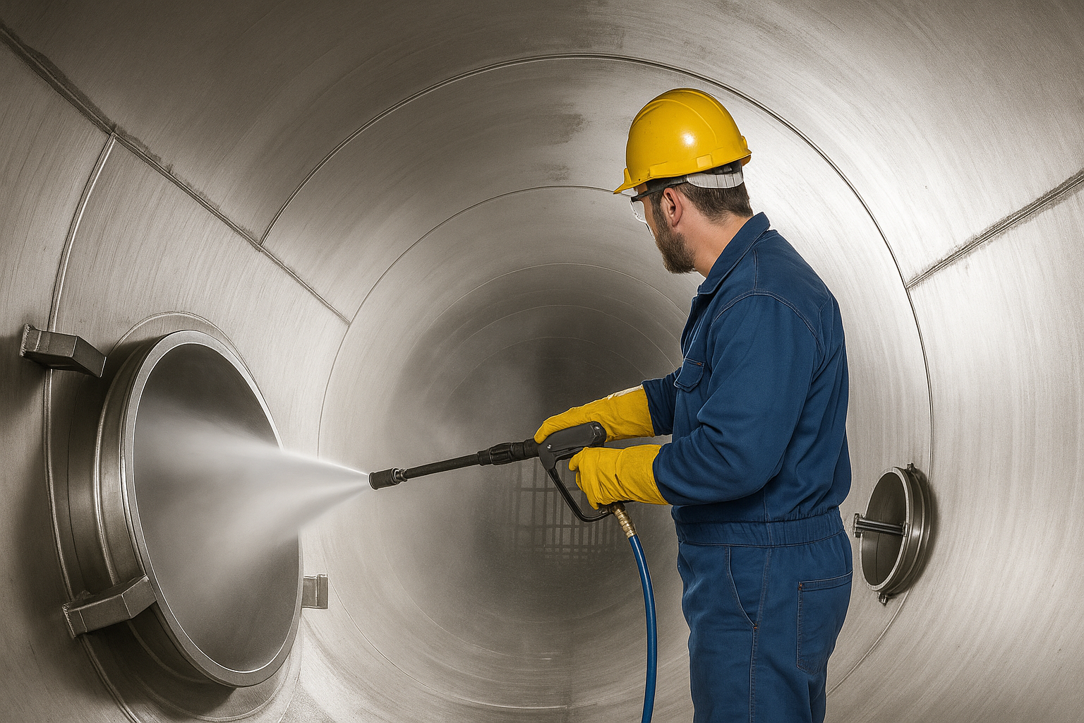 Persona con tuta blu e casco giallo che lava a pressione l'interno di una grande cisterna di metallo.