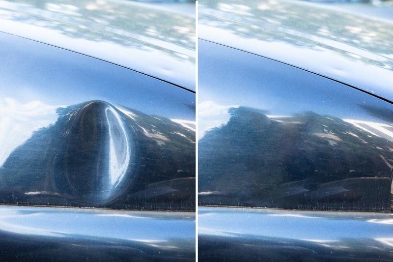 A before and after photo of a car with a dent in the fender.