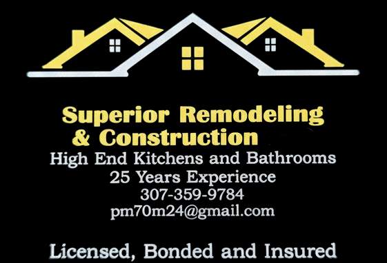 Business card for Superior Remodeling & Construction with contact info, kitchen and bathroom focus.