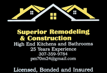Business card for Superior Remodeling & Construction with contact info, kitchen and bathroom focus.