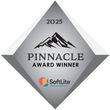 Pinnacle Award Winner 2025 badge with mountain logo and SoftLite Windows & Doors branding.